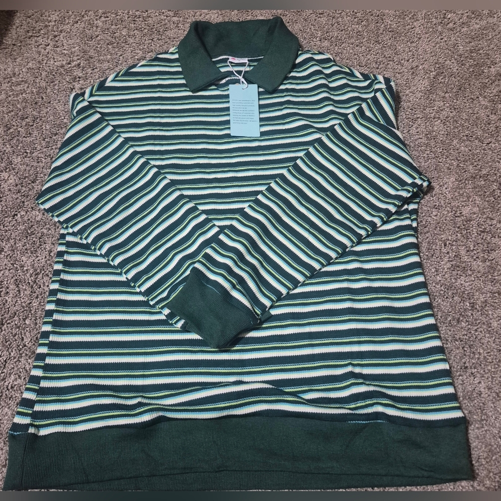 NWT Wiholl Women's Medium Striped Collared Polo Shirt Sweater Buttons Green Soft